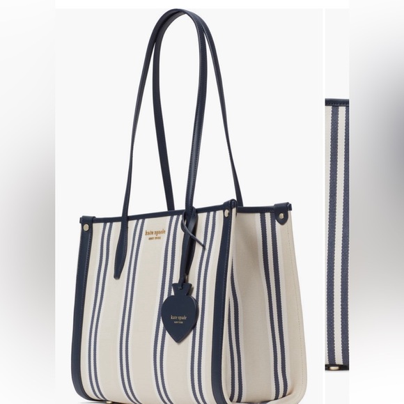 kate spade Blue and Cream Tote Bag with Vertical Stripes and Leather Straps - Picture 3 of 5